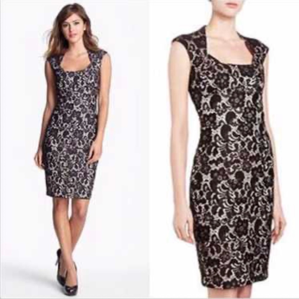 Jax Black lace and Cream Floral Midi Dress cocktail size 4 sleeveless
